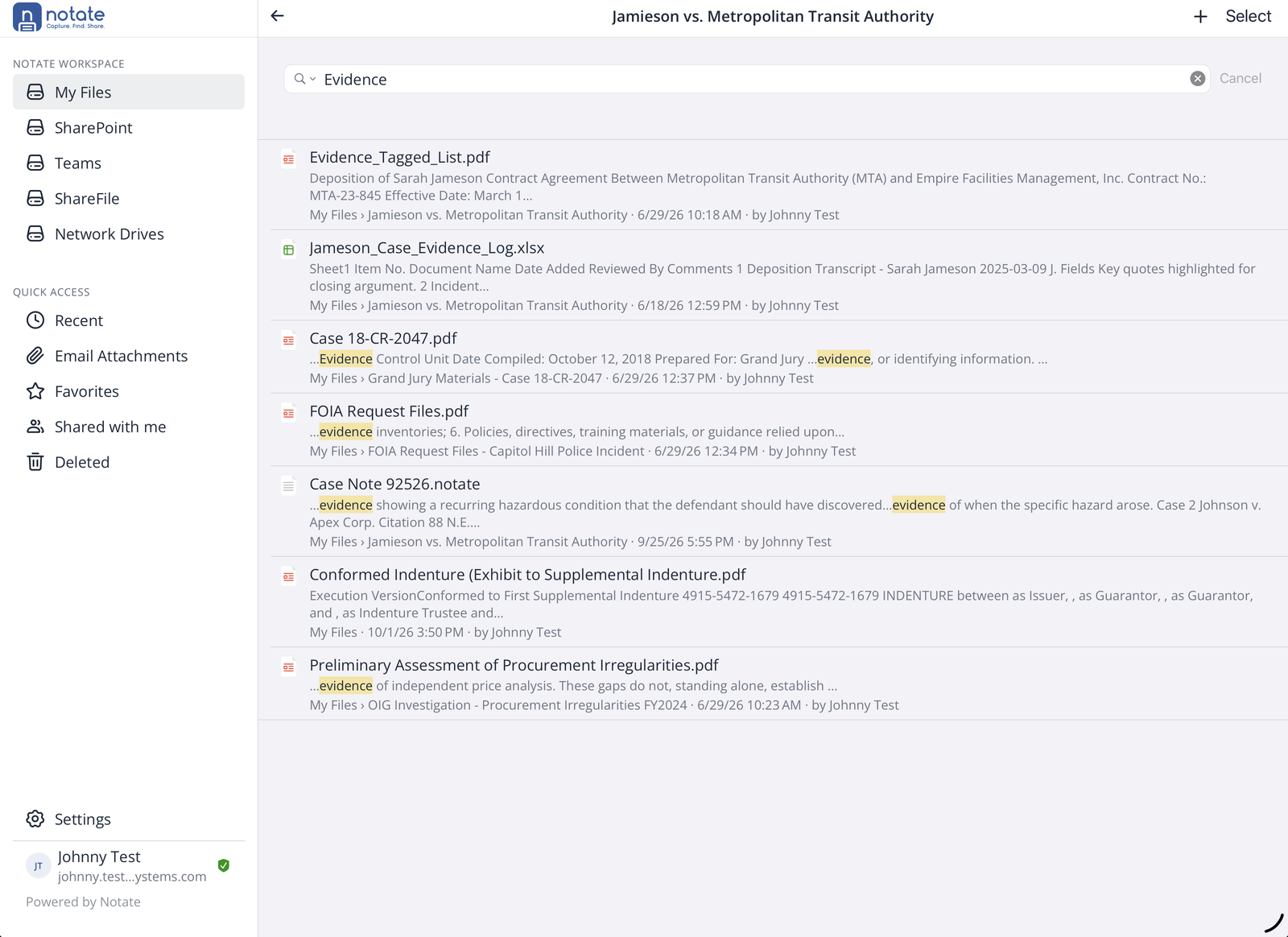 Search results for the word Evidence, showing matching text inside documents