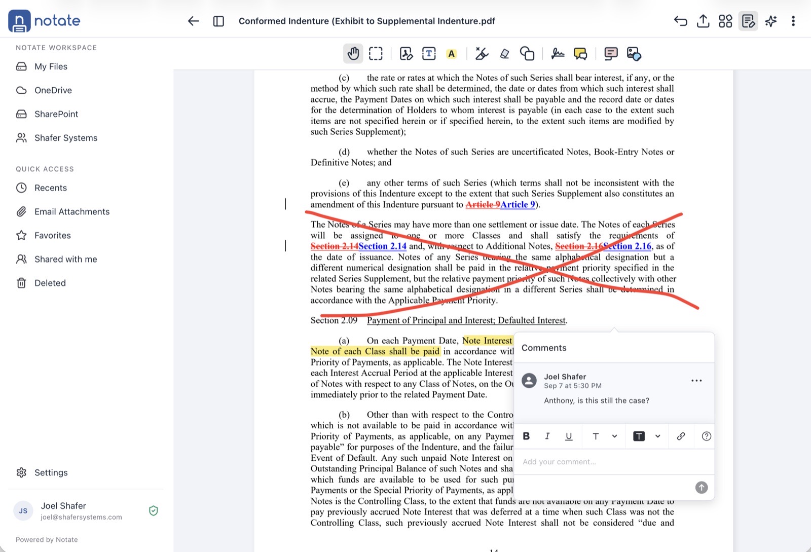 Notate Desktop showing a contract with edits, highlights and a comment