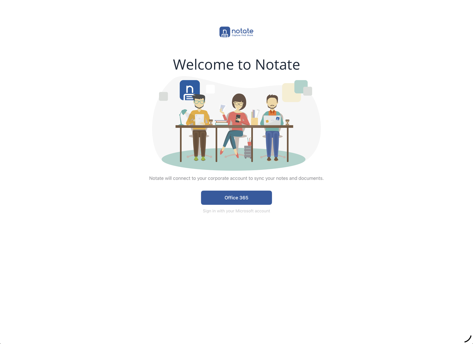 Welcome to Notate screen with the Office 365 sign-in button
