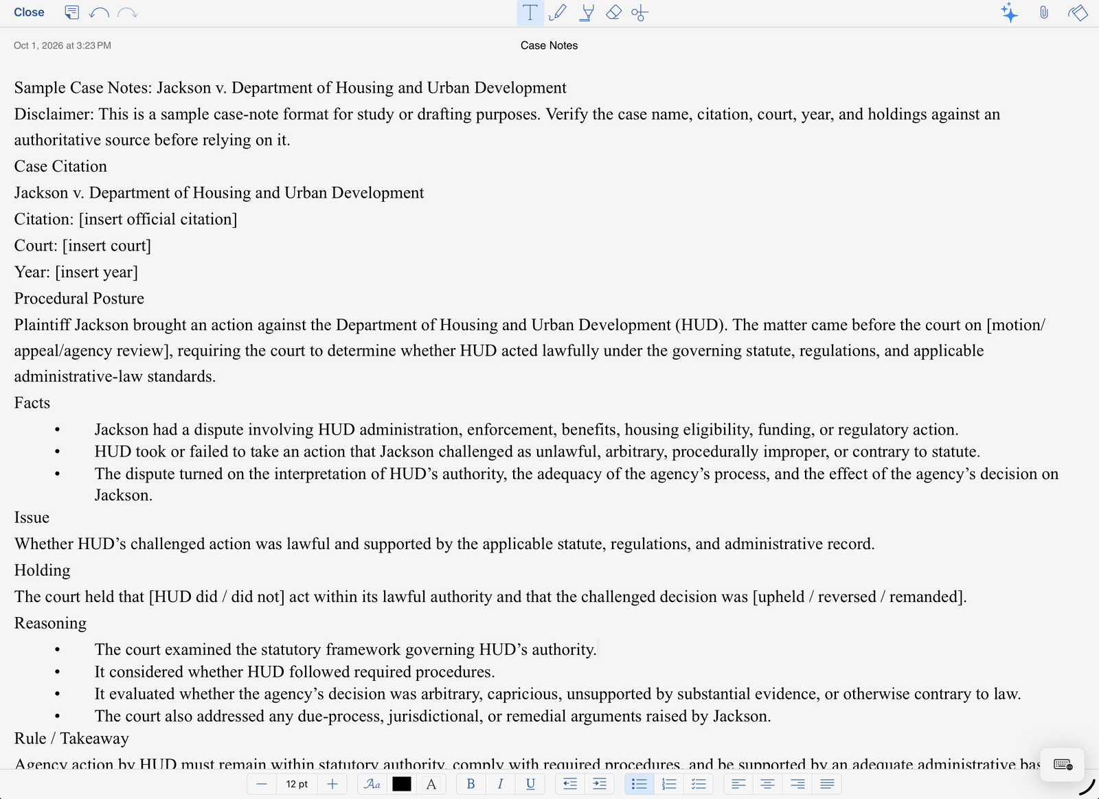 The note editor with the formatting bar