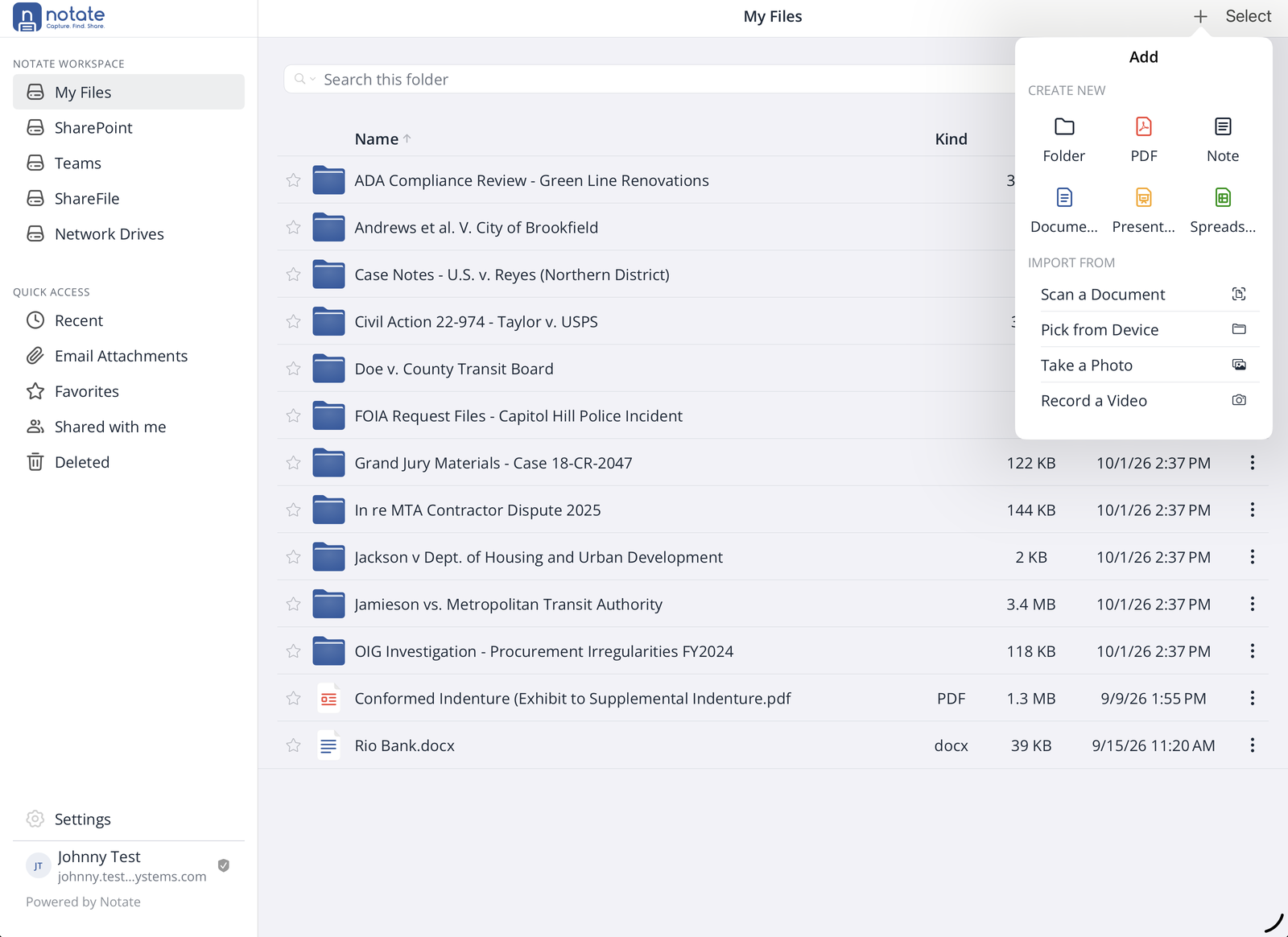 The Add menu with Create New and Import From