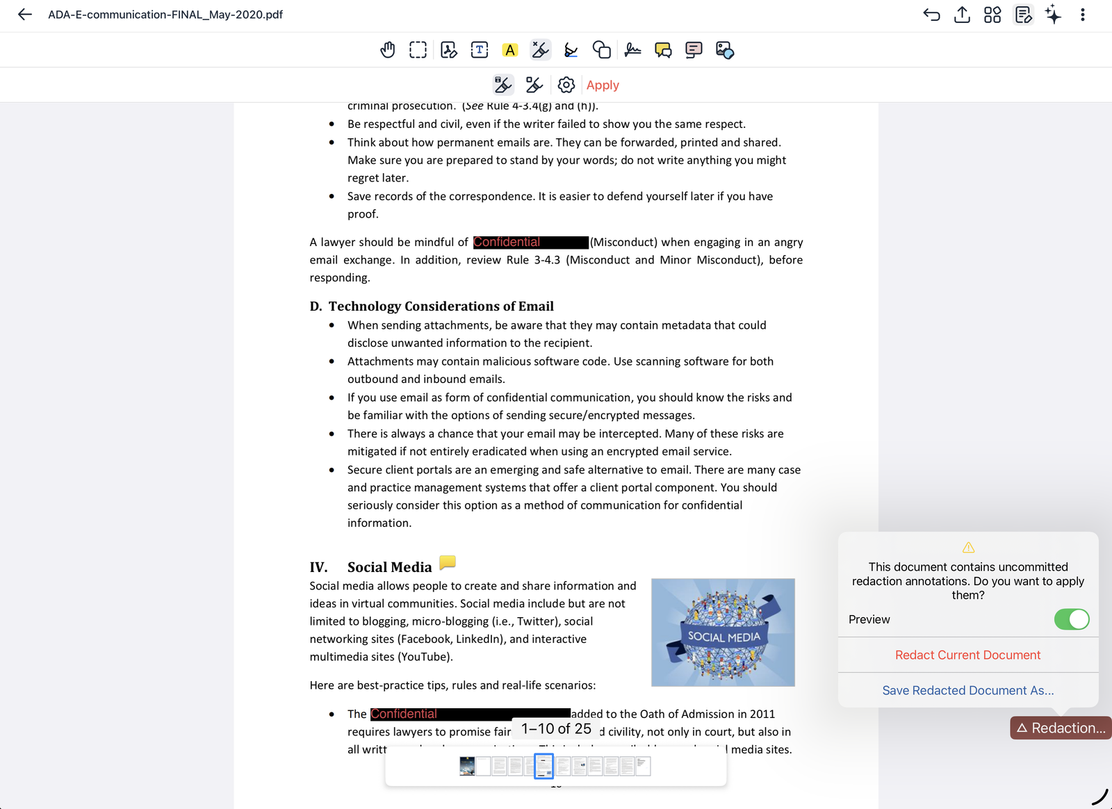 Applying redactions, with the preview turned on